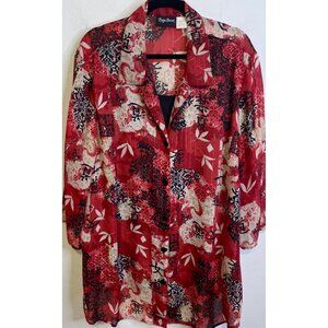 MAGGIE BARNES Plus Size 3X 26/28W Blouse 2 Layer Top 3/4 Sleeve Tunic Red Gold